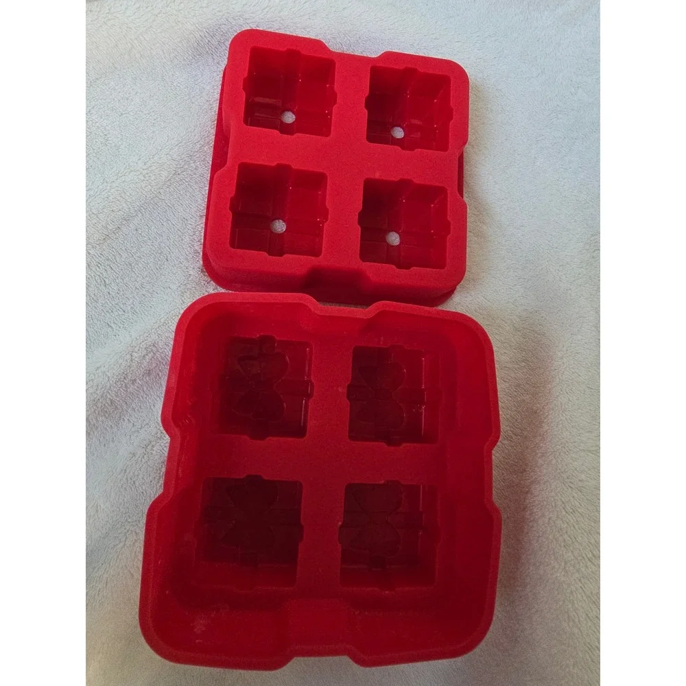 Red Silicone Gift Box Ice Cube Tray Chocolate Mold 4 Cavity Christmas Present